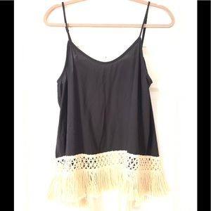 Black tank with creme fringe tassel